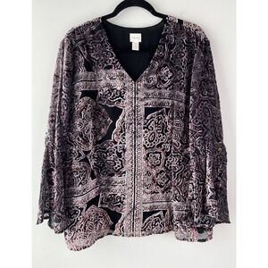 Chicos Velvet‎ Burnout Bell Sleeve Top XL Black Sheer Sleeve Witchy Whimsigoth